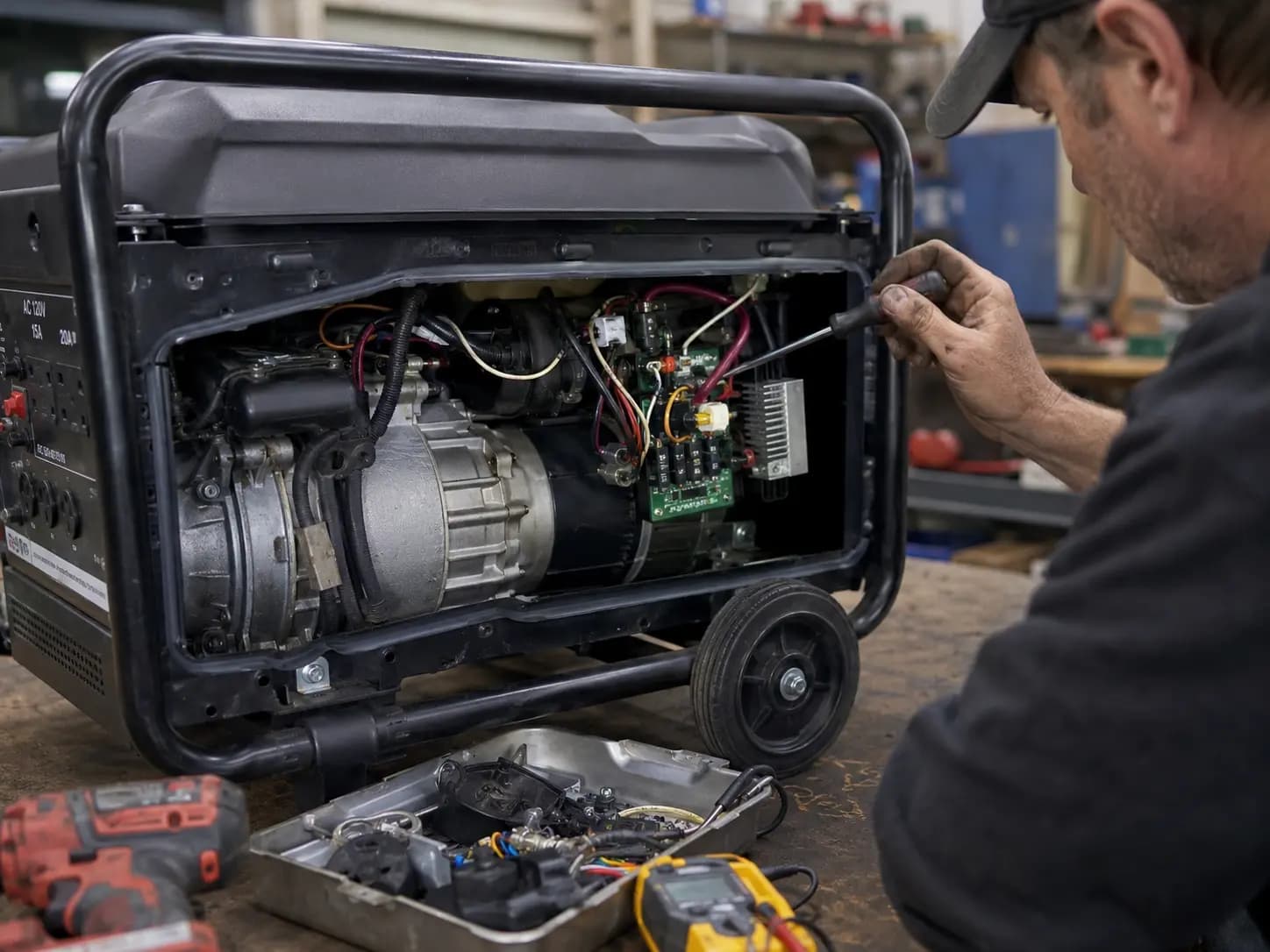 Technician diagnosing the electrical system of a portable generator
