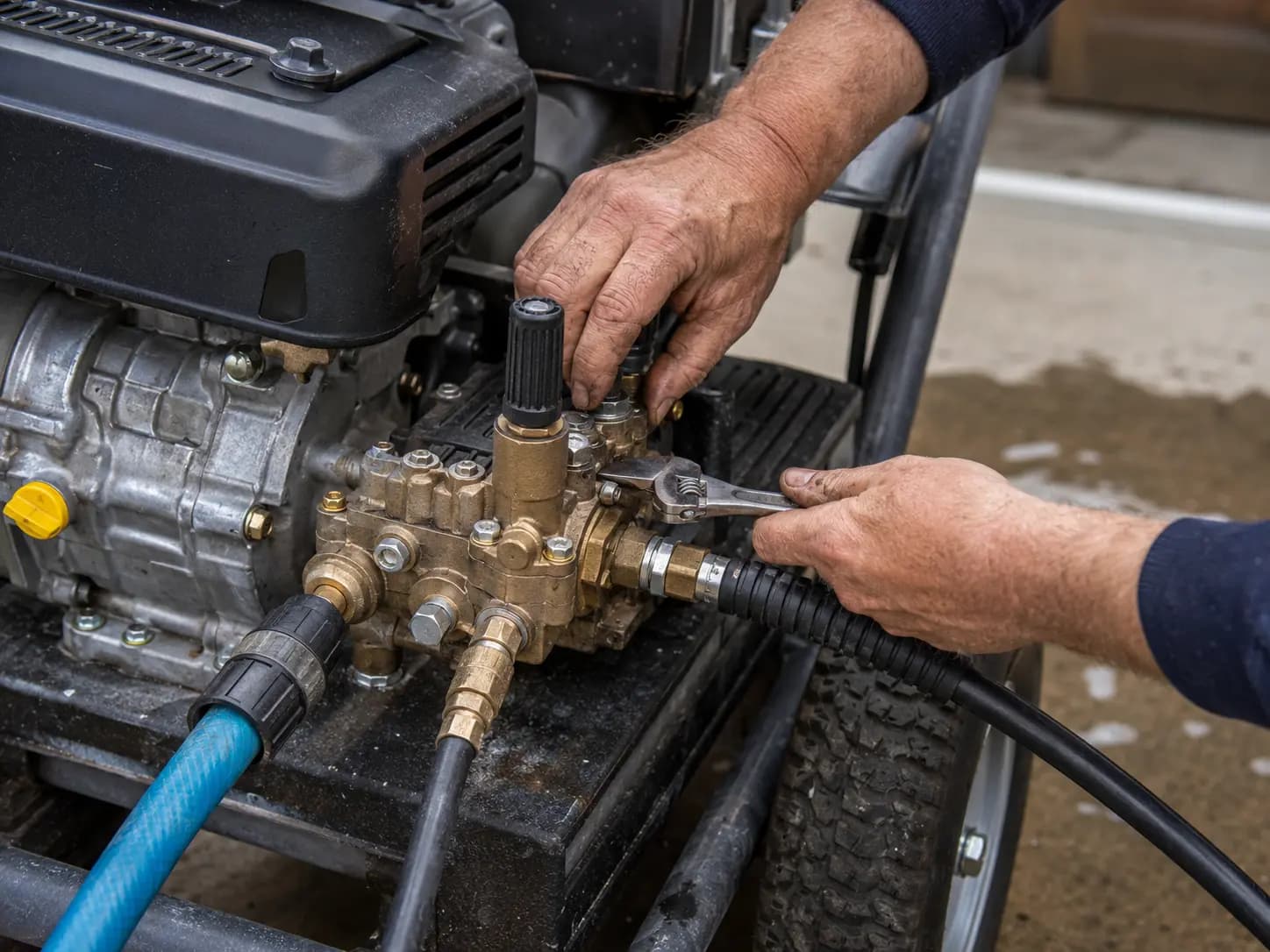 Technician inspecting a pressure washer pump
